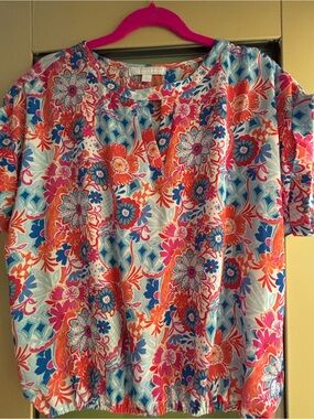 Women's Bright Floral Split-Neck Blouse in Pink & Blue